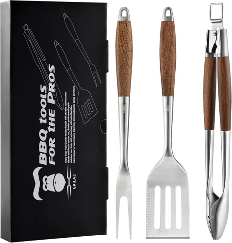 Vista 10 de Grilaz Juego de herramientas para barbacoa de acero inoxidable Mangos de madera teñida oscura Accesorios de parrilla para trabajo pesado Juego