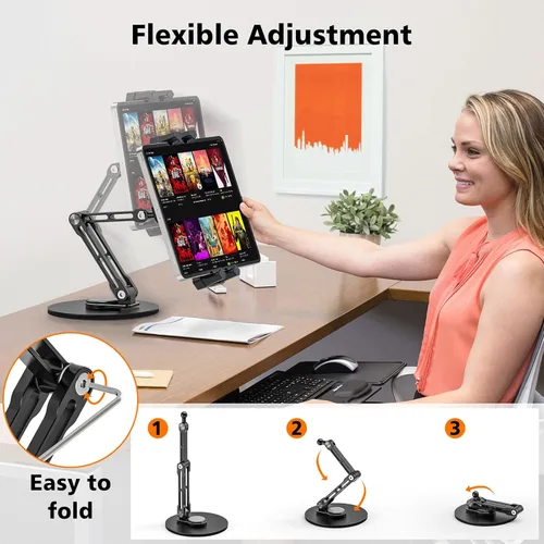 Vista 2 de Soporte para iPad, soporte de escritorio para tableta, oficina, cocina, dormitorio, base giratoria de 360°, ajustable, plegable, soporte
