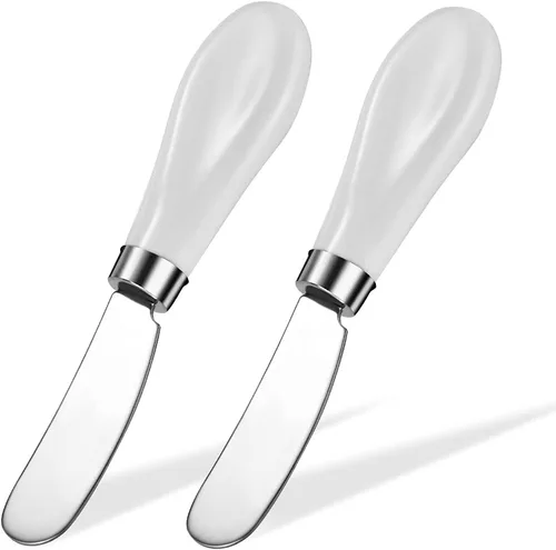 Vista 15 de AISBUGUR Paquete de 2 cuchillos esparcidores de mantequilla de acero inoxidable, cuchillo de mantequilla con mango de porcelana blanca, cuchillos