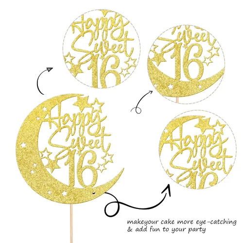 Vista 2 de 1 pieza de decoración de pastel de 16 años con purpurina de luna y estrella de luna feliz 16 cumpleaños, decoración para tartas de cumpleaños de 16