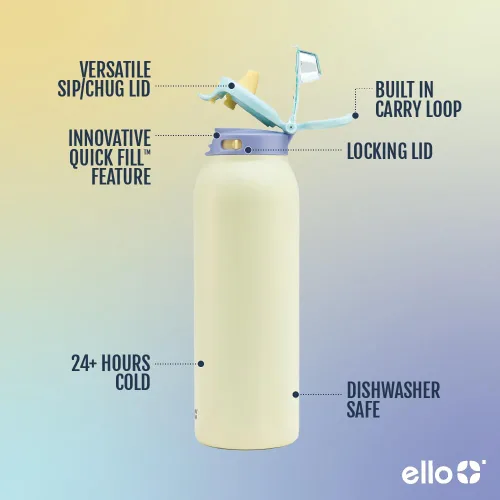 Vista 4 de Ello Pop & Fill botella de agua de acero inoxidable de 22 onzas con tecnología de llenado rápido, metal de doble pared y aislado al vacío, tapa