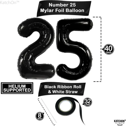 Vista 3 de KatchOn, Globo negro del número 25 de 40 pulgadas, globo de aluminio de Mylar del número 25 para decoraciones de feliz cumpleaños, globos del número