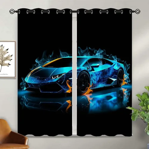 Vista 2 de Cortinas opacas de automóvil de carreras para niñas y niños, decoración del hogar, automóvil deportivo de velocidad extrema 3D, con ojales