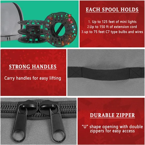 Vista 7 de Bolsa de Almacenamiento Premium para Luces de Navidad – Material 600D Resistente a Desgarros de Servicio Pesado con Asas Reforzadas – Incluye 3