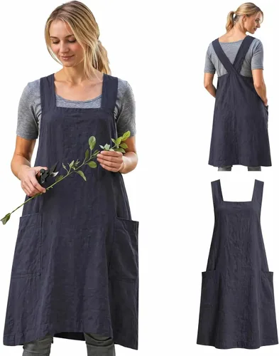 Vista 11 de Delantal Pinafore con espalda cruzada con bolsillos, delantal de lino y algodón, talla grande Negro