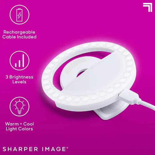 Vista 3 de SHARPER IMAGE Anillo de luz recargable con clip para selfie de 32 LED, uso multifuncional con 3 niveles de brillo ajustables, mejora las fotos
