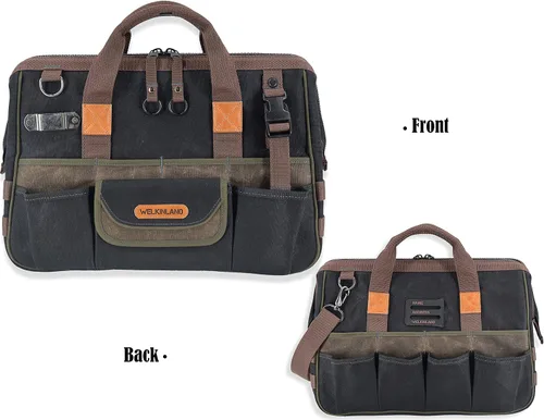 Vista 6 de WELKINLAND Bolsa de herramientas de lona encerada con 32 bolsillos, bolsa de herramientas resistente para electricistas, bolsas de herramientas