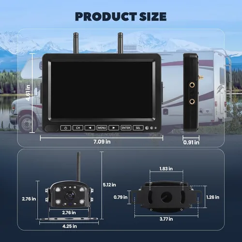 Vista 2 de Cámara de respaldo inalámbrica con monitor de 7 pulgadas, sistema de cámara de respaldo RV 1080P con grabación de video, cámaras de visión trasera