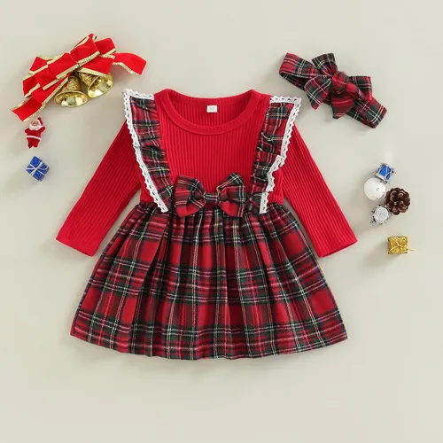 Vista 2 de Trajes de Navidad para niñas pequeñas, vestido de manga larga, falda vintage de encaje de una pieza, vestido de fiesta de terciopelo rojo, vestido