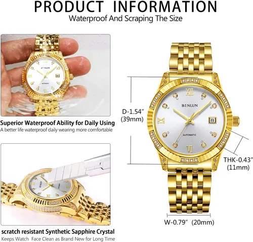 Vista 26 de BINLUN Reloj de pulsera para hombre, mecánico automático, reloj dorado con cuerda automática, elegante, chapado en oro de 18 quilates, relojes