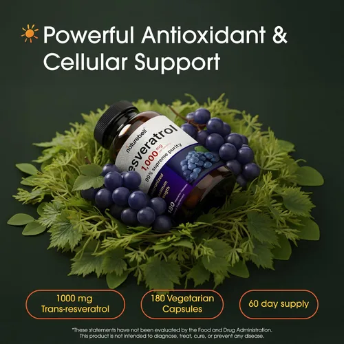 Vista 2 de NatureBell Resveratrol - 180 cápsulas vegetarianas - 1,000 mg de extracto de Polygonum Cuspidatum - Apoyo antioxidante - Corazón, cerebro