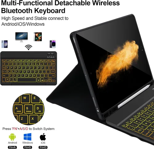 Vista 3 de AHYWTAN Funda de teclado para iPad 9/8/7ª generación 10.2, teclado Bluetooth con retroiluminación de 7 colores, funda para iPad de 10.2 pulgadas