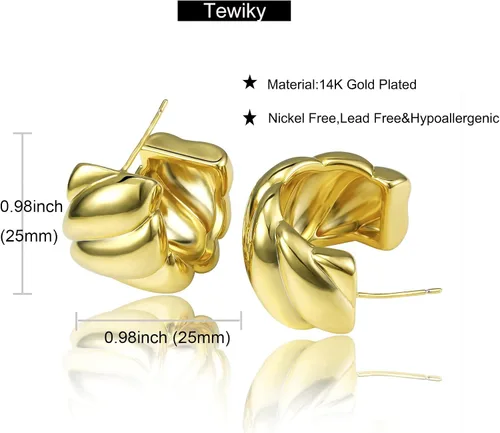 Vista 117 de Aretes de aro gruesos de oro para mujer, chapados en oro de 14 quilates, aretes de aro triple, hipoalergénicos, a la moda, aretes de aro gruesos