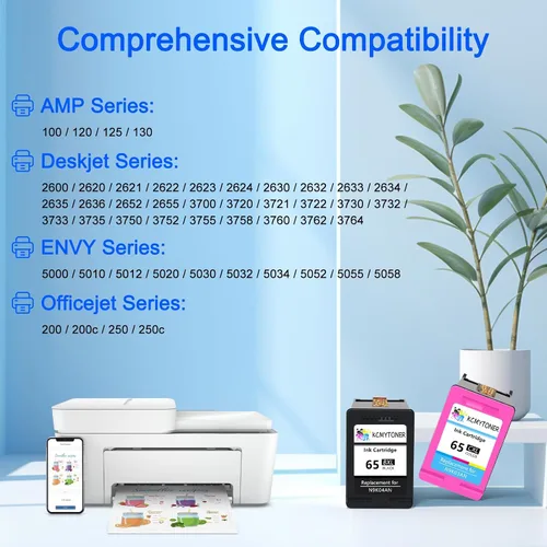 Vista 2 de 65XL Paquete combinado de cartuchos de tinta negro y color compatible con HP 65 N9K04AN N9K03AN Uso para HP Envy 5052 5055 5058 Deskjet 2624 2652 1
