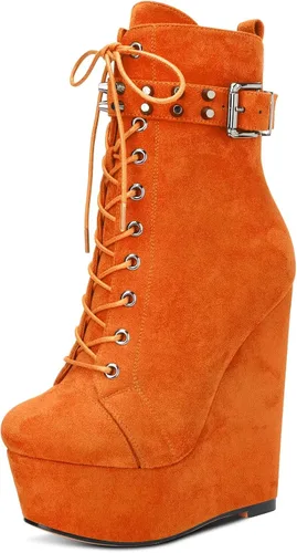 Vista 7 de HDEUOLM Botas de tobillo con tacón de plataforma de cuña alta para mujer, botines cortos con cordones y cremallera Negro