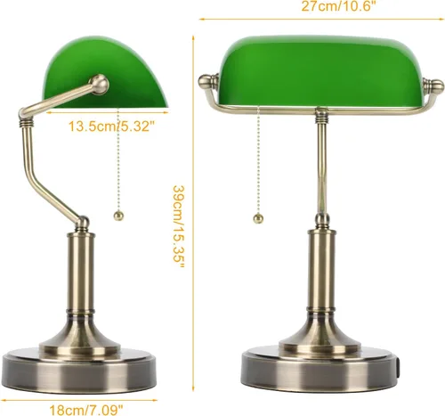 Vista 6 de LINNMON Bankers - Lámpara de escritorio verde con interruptor de cadena de tracción, lámpara retro con puertos de carga USB y tipo C, lámpara