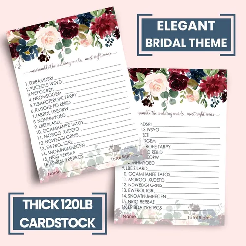 Vista 4 de Juegos de despedida de soltera con flores azules, 25 cartas, juego de palabras de boda, divertida actividad de adivinación para invitados, fiestas