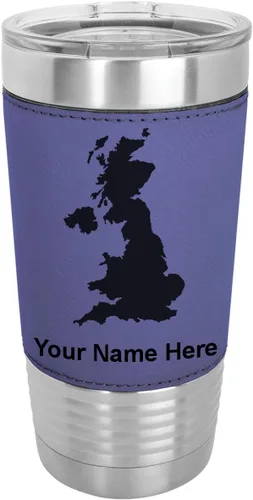 Vista 21 de LaserGram 20oz Vacuum Insulated Tumbler Mug, Country Silhouette United Kingdom, Personalized Engraving Included (Faux Leather, Baseball Style)