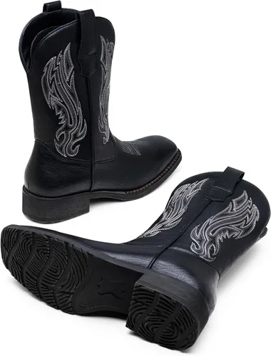 Vista 6 de Jousen Botas Vaqueras para Hombres con Bordado, Botas Occidentales Retro de Punta Cuadrada para Hombre, Botas Vaqueras Para Hombre