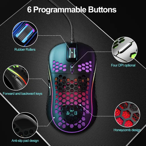 Vista 3 de Mouse para juegos con cable, mouse USB ligero de panal, mouse RGB para juegos de alta precisión ajustable 7200 DPI Plug Play, AVMTON 6 botones