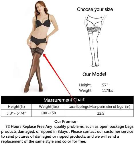 Vista 5 de ARRUSA Nylon Shiny Thigh High Stockings,Ultra Shimmery Lace Silicone Sheer Tights,Stay Up lingerie Pantyhose for Women