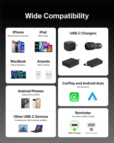 Vista 5 de Belkin Cable USB C a USB C, 3.3 pies, 60 W, cargador tipo C, cable de carga para iPhone, suave, trenzado, flexible para iPhone 16, Galaxy S25, Pixel