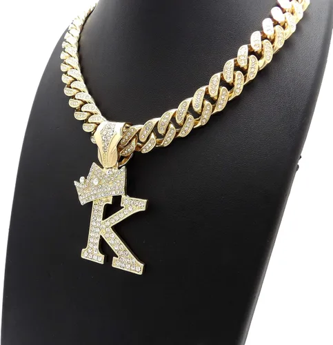 Vista 5 de Colgante con inicial K del alfabeto de Hip Hop y collar de cadena cubana con cerradura de caja helada completa de 0.472 in y 18 pulgadas, Chapado