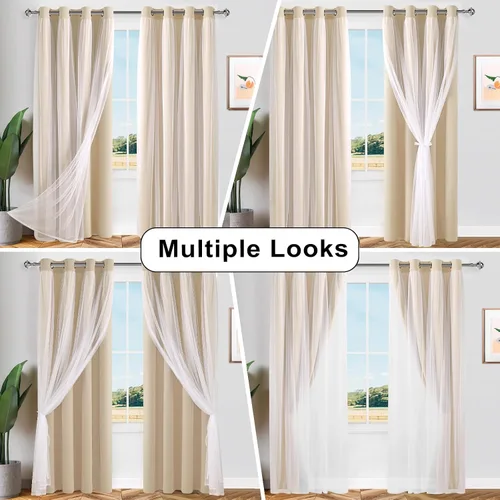 Vista 7 de Hiasan Cortinas opacas con superposición transparente, aislamiento térmico para mezclar y combinar de doble capa, cortinas de oscurecimiento de Beige