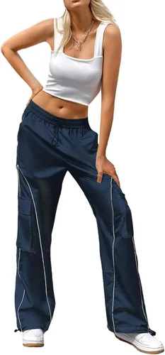 Vista 2 de Pantalones de paracaídas para mujer, pantalones cargo Y2k de tiro bajo, ropa de calle, pierna ancha, pantalones deportivos holgados