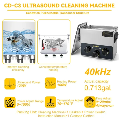 Vista 2 de Limpiador ultrasónico profesional de 3 litros (0.85 galones) con perilla de potencia ajustable para joyería, con calentador y temporizador