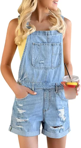 Vista 2 de GRAPENT Pantalones cortos de mezclilla rasgados con tirantes ajustables para mujer