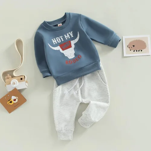 Vista 3 de Ropa para bebé niño, sudadera de manga larga con cuello redondo y estampado de vaca, pantalones largos para correr, otoño, invierno, traje