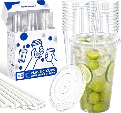 Vista 10 de 100 unidades de vasos de plástico transparente de 16 onzas con tapas y pajitas, caja dispensadora organizada, vasos desechables resistentes