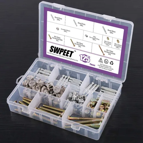 Vista 4 de 125 piezas 3 en 1 Kit de montaje de tuerca de perno de leva con tornillo de fijación de gabinete de muebles, montaje de leva con accesorios