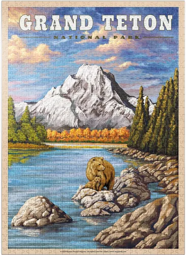 Vista 9 de MyPuzzle Grand Teton National Park – Grizzly Bear Hug, póster de viaje vintage – Rompecabezas de 100 piezas premium para adultos