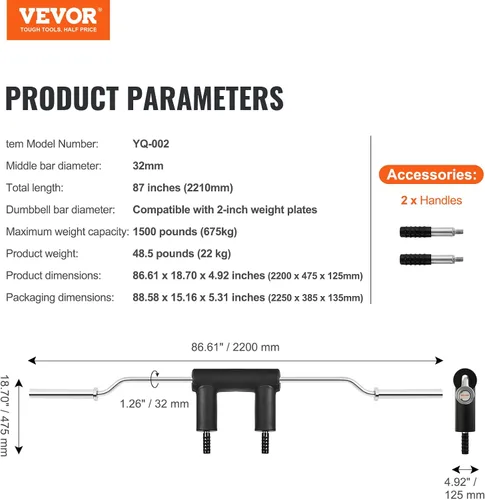Vista 7 de VEVOR Safety Squat Bar, 700 & 1500 LBS, Plus 500 LBS Hex Barbell Trap Bar, Ideal for Squats, Deadlifts, Lunges, Rehab