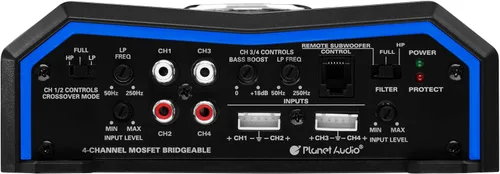 Vista 4 de Planet Audio PL1600.4 Amplificador de coche de 4 canales - 1600 de salida alta, entradas de nivel alto/bajo, cruce de paso alto/bajo, conexión al