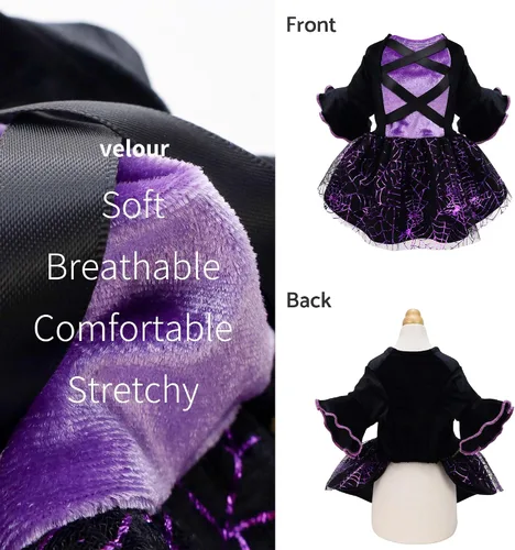 Vista 5 de Fitwarm Disfraz de bruja de Halloween para perro, ropa divertida para perros pequeños, vestido gótico para mascotas, traje para gato, terciopelo