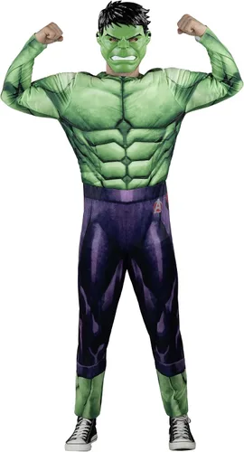 Vista 2 de Disfraz de Marvel Hulk para adulto, overol acolchado con logotipo de aluminio y máscara de plástico