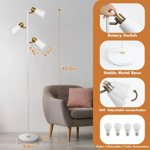 Vista 7 de Lámpara de pie estilo árbol para sala de estar, lámpara de pie industrial de 3 luces con 3 bombillas LED, cabezas giratorias ajustables, lámpara