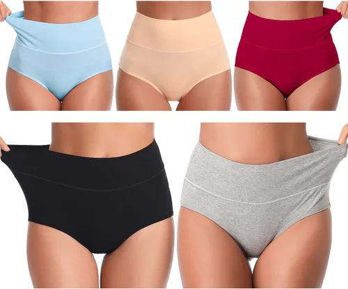 Vista 9 de UMMISS - Ropa interior de algodón de cintura alta para mujer, cobertura completa, suave, cómoda, multipack de braguitas Negro-gris-total