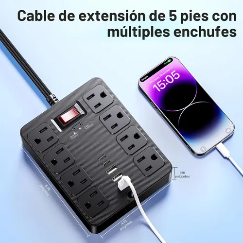 Vista 6 de Tira de alimentación con protector de sobretensiones 13 en 1, enchufe plano, 8 salidas de CA amplias, 3 puertos USB, 1250 W/10 A, cable de extensión