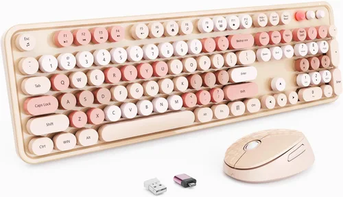 Vista 11 de Combo de teclado y mouse inalámbricos Nowlike, teclado retro de máquina de escribir con teclas redondas, ergonómico de tamaño completo, rojo aurora