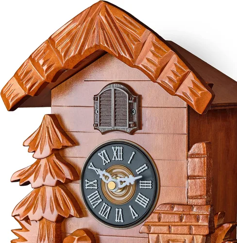 Vista 9 de TIMEGEAR Reloj de cuco de madera con modo nocturno, péndulo oscilante y movimiento de cuarzo (cereza)