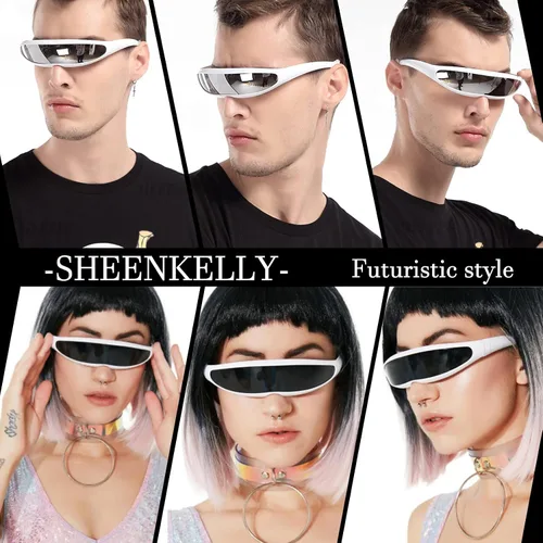 Vista 2 de SHEEN KELLY Futuristic Narrow Cyclops Mirrored Sunglasses For Men Women Cosplay Adult Rave Party Glasses Wrap