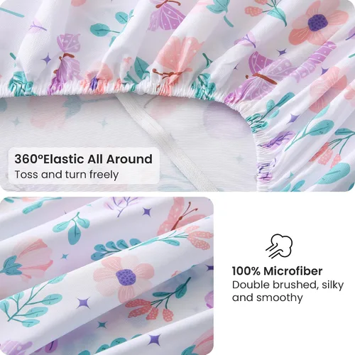 Vista 4 de Viviland Juego de sábanas tamaño matrimonial con estampado botánico de mariposas y flores rosadas y moradas, 4 piezas, sábanas de microfibra suave