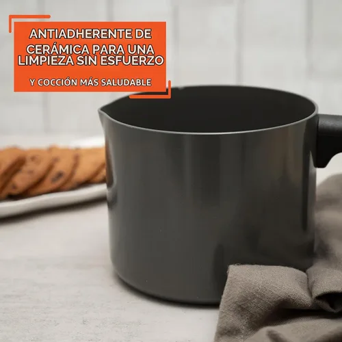 Vista 4 de IMUSA Olla de leche antiadherente de cerámica de 1.3 cuartos de galón con boquilla de vertido, cacerola de aluminio sin PFAS para café, salsas Gris