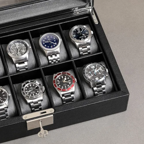Vista 6 de ROTHWELL Caja de reloj de cuero con 10 ranuras, organizador de joyas de lujo, soporte para reloj con tapa de cristal grande, organizador de caja