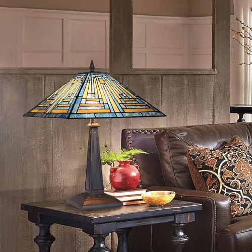 Vista 5 de Tiffany - Lámparas de mesa de 16 pulgadas de ancho hechas a mano con vitrales para lectura, 2 luces, estilo misión azul, luz de mesa antigua