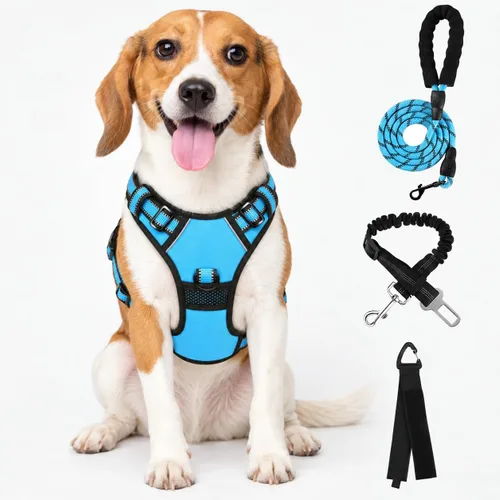 Vista 12 de FURRYFECTION Plaid Dog Harness with Leash and Seat Belt Set, Beige&White, M Tartán beige